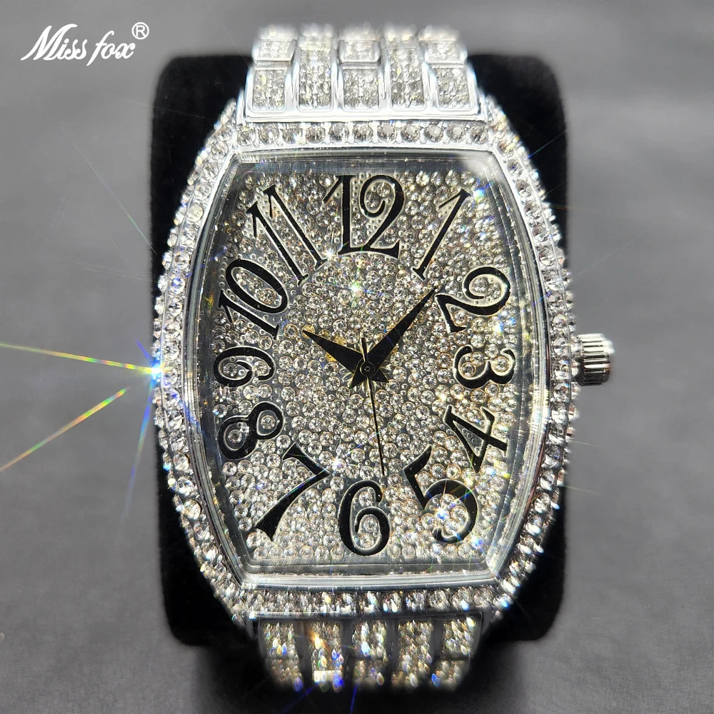 Luxury Ice Out Mens Watches Popular Tonneau Full Diamond Silver Geneva Male Watch Hip Hop Original Waterproof