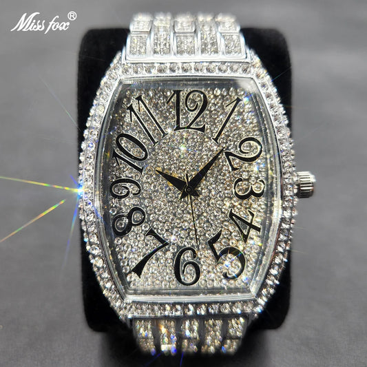 Luxury Ice Out Mens Watches Popular Tonneau Full Diamond Silver Geneva Male Watch Hip Hop Original Waterproof