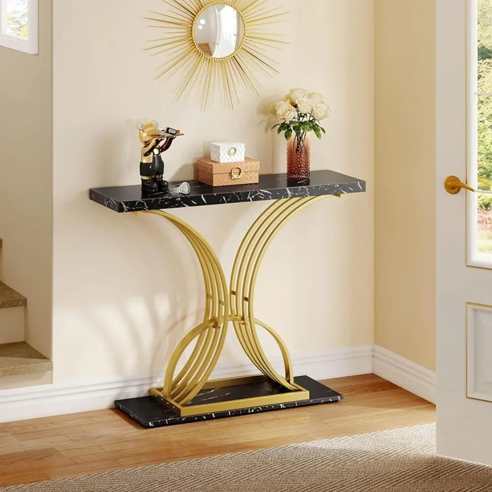 Gold Console Modern Hallway Table for 40 inch Entryway Sofa Table Faux Marble Black - theultimatemarketshop