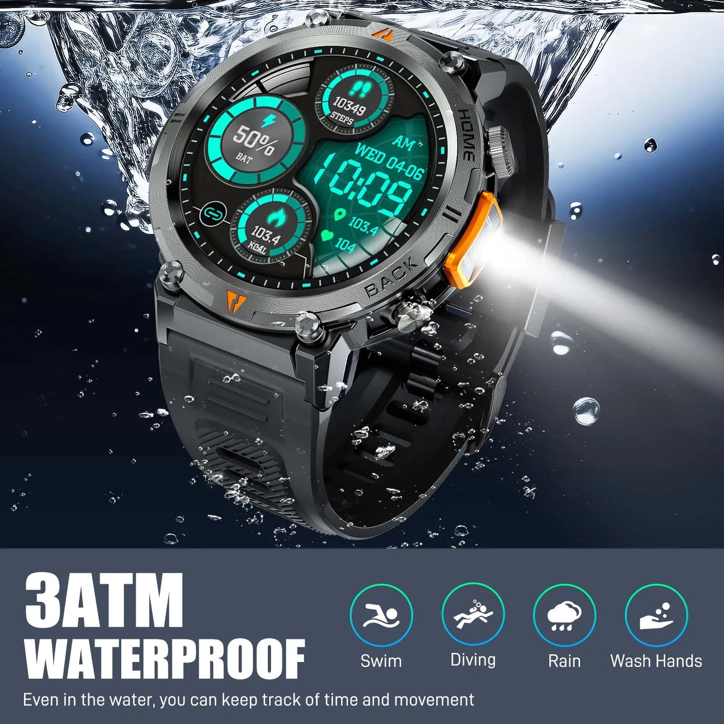 Bluetooth Call Smart Watch Men Full Touch Screen Health Monitor Clock With Flashlight  For IOS Android