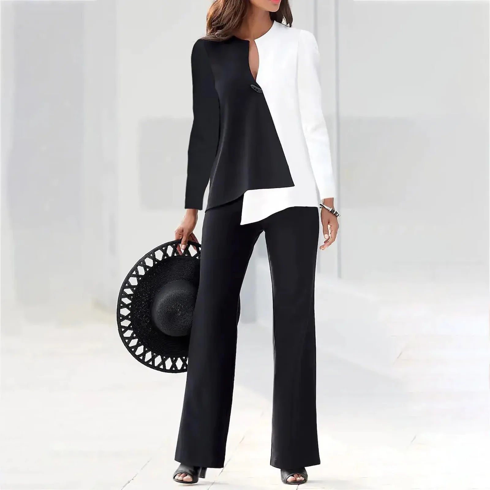 Office Lady 2 Piece Outfits Casual Long Sleeve Color block Top Loose Wide Leg Pants - theultimatemarketshop