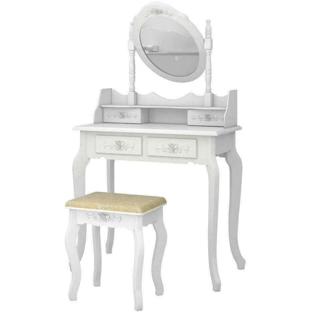 Drawer Table with Lighting Mirror & Power Strip Dressing Vanity Table with Lights 4 Drawer Mirror Wood Desk - theultimatemarketshop