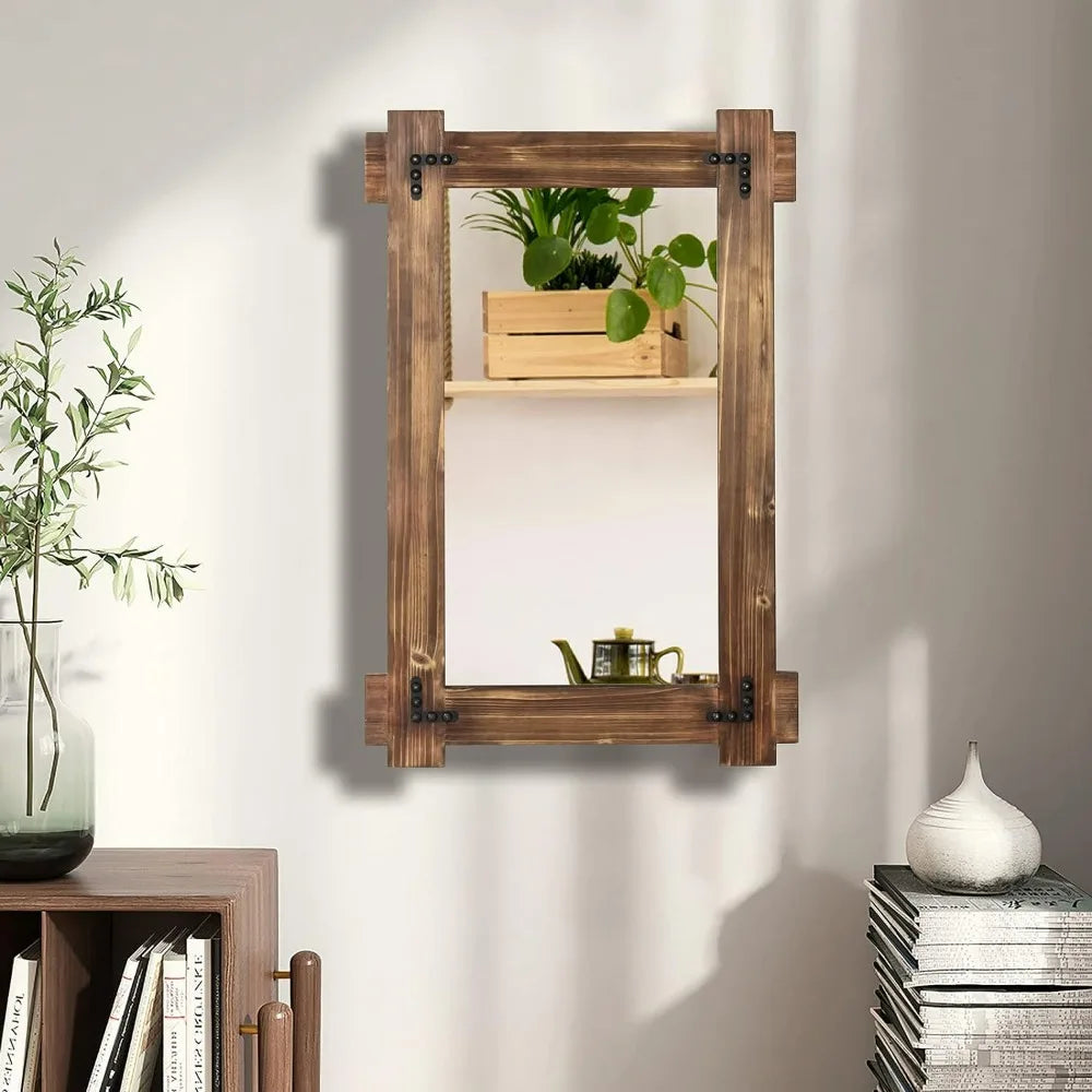 Wall Mounted Mirror, 36 x 24 Inches Wood Framed Bathroom Mirror for Decor,  Living Room, Rustic Wood