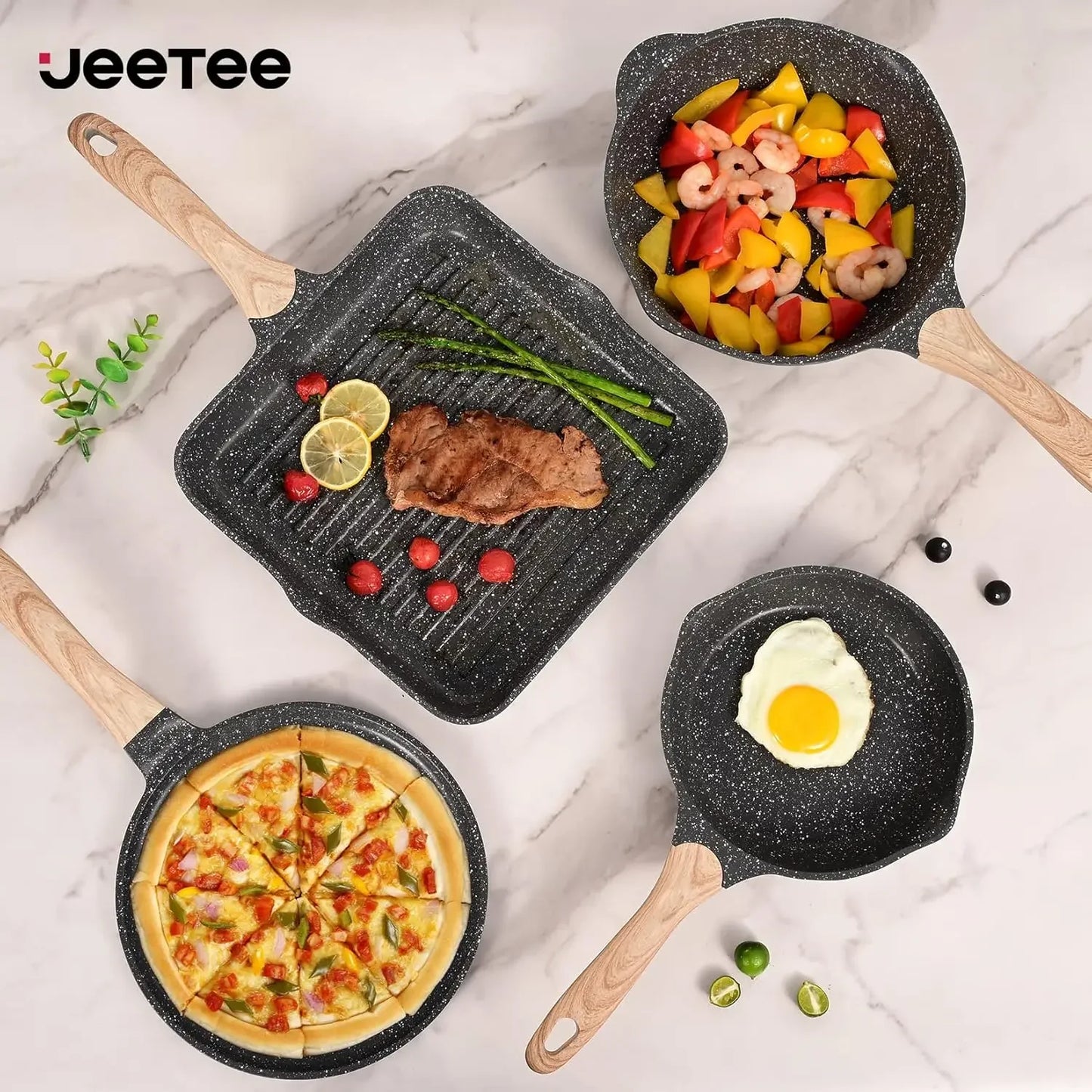 JEETEE Pots and Pans Set Nonstick 23pcs, Healthy Kitchen Cookware Sets, Induction Cooking Set W/Gray Granite Stone Frying Pans,