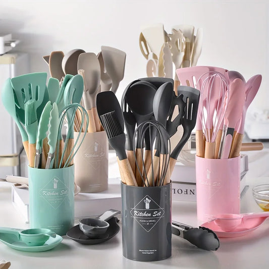 14pcs/set, Silicone Utensil Set, White Kitchen Utensil Set, Safety Cooking Utensils With Storage Bucket, Non-Stick Cooking