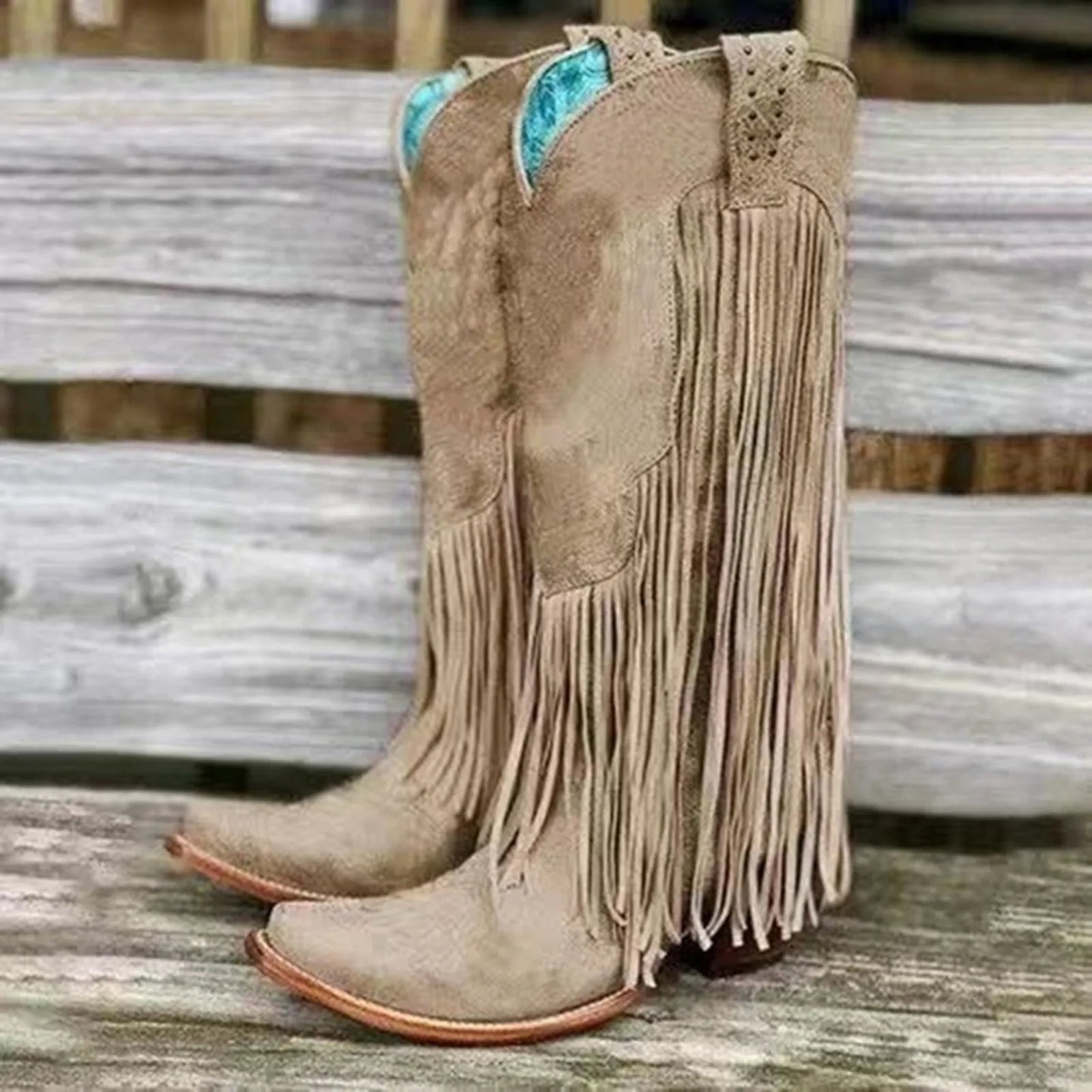 Women's Vintage Fringe Boots Knee-High Low Chunky Heel Pointed Toe Winter Boots High Quality Female Western Cowboy Boots