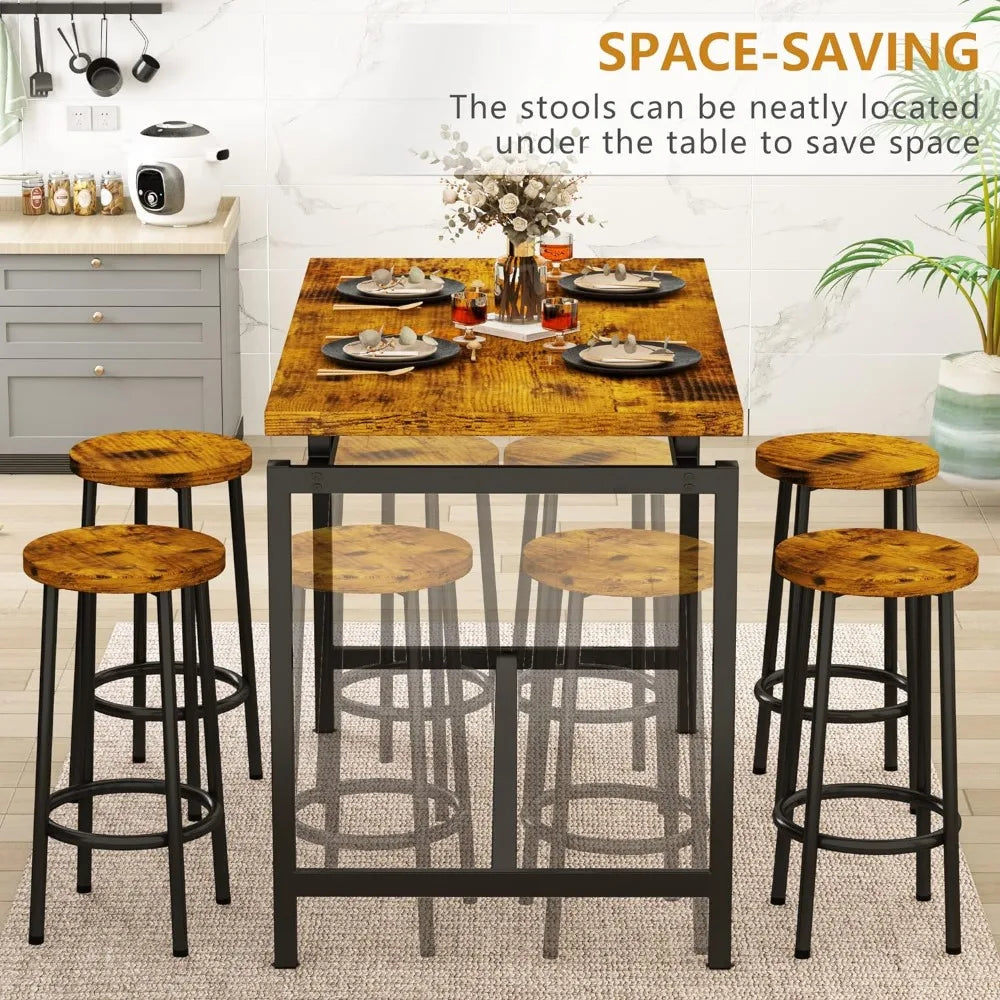 Height Table and Chairs Bar Table with 4 Stools Industrial Counter Height Dining Sets