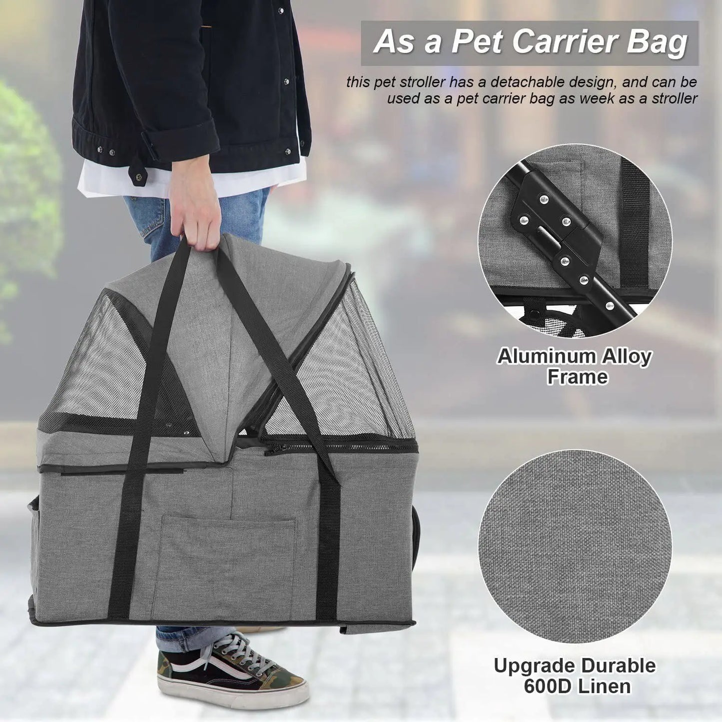 3 Wheels 3-in-1 Pet Stroller Dog Cat Folding Multifunction Travel Stroller Grey