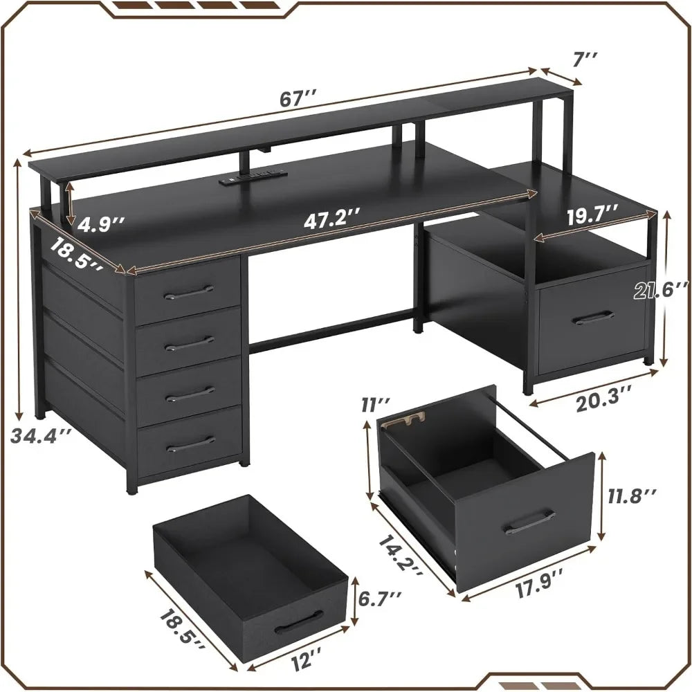 Computer Desk with 5 Drawers, Power Socket and LED Light, 66 Inch Home Office Desk with File Drawer, Game Desk,