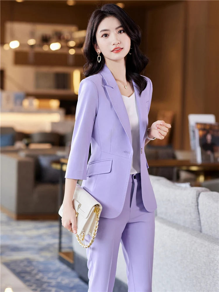 Women's 2 Piece Set Office Suit  Blazer Pantsuit Simple Solid Color Half Sleeve Top + Trousers - theultimatemarketshop