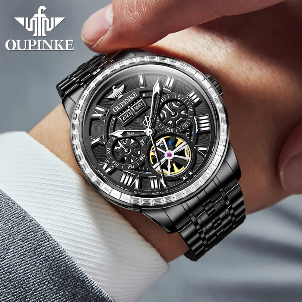 Original Automatic Mechanical Watch for Men Top Brand Luxury Skeleton Hollow  Diamond Lap Men's Calendar Wristwatch