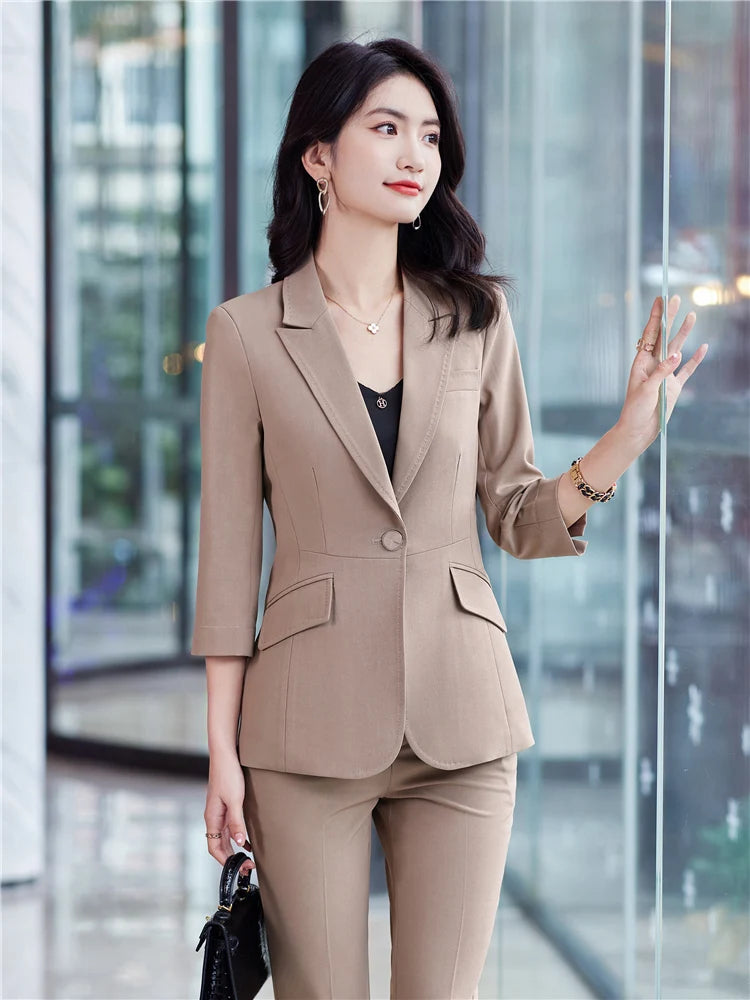 Women's 2 Piece Set Office Suit  Blazer Pantsuit Simple Solid Color Half Sleeve Top + Trousers - theultimatemarketshop