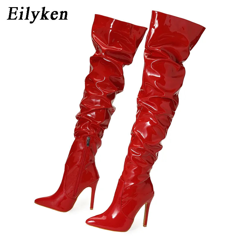 Eilyken Red Women Over The Knee Boots High Heels Patent Leather Solid Pointed Toe Stiletto Side Zipper - theultimatemarketshop