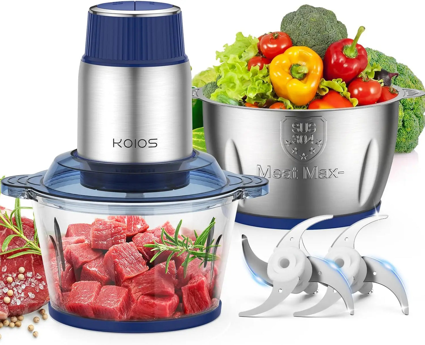 Food Processor with 2 Bowls (8 Cup+8 Cup) & 2 Sets Bi-level Blade, 2L Electric Food Chopper Meat Grinder