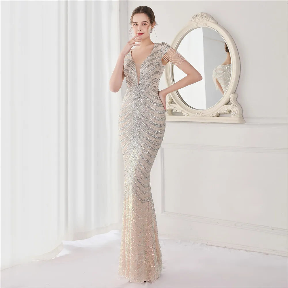 Elegant V Neck Mermaid Evening Dress Long Luxury Beads Women Evening Party Dresses New Formal Dress