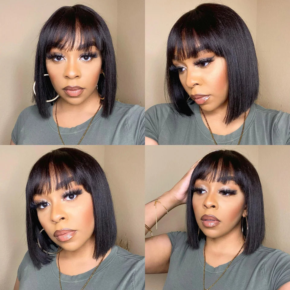 Short Straight Bob Wig With Bangs Short Brazilian Human Hair 200 density  No Lace - theultimatemarketshop