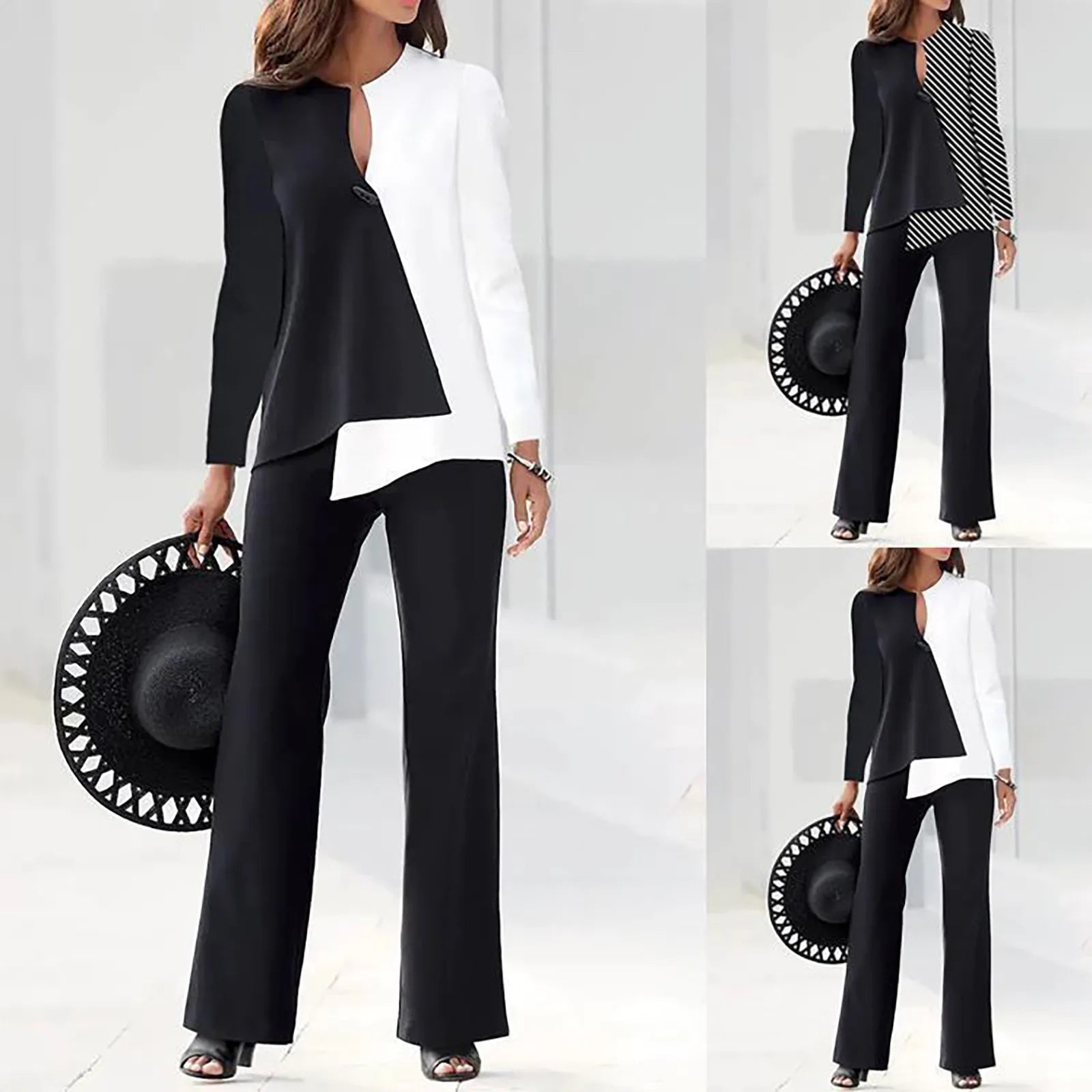 Office Lady 2 Piece Outfits Casual Long Sleeve Color block Top Loose Wide Leg Pants - theultimatemarketshop