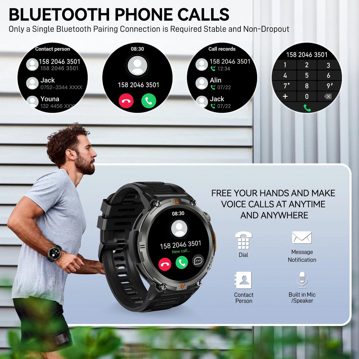 Bluetooth Call Smart Watch Men Full Touch Screen Health Monitor Clock With Flashlight  For IOS Android