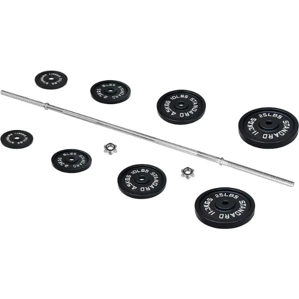 Signature Fitness Cast Iron Standard Weight Plates Including 5FT Standard Barbell with Star Locks, 95-Pound Set