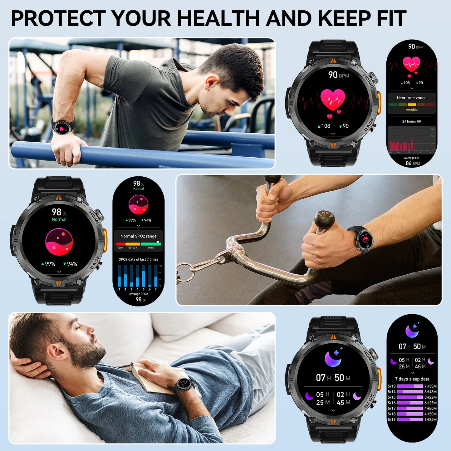 Bluetooth Call Smart Watch Men Full Touch Screen Health Monitor Clock With Flashlight  For IOS Android