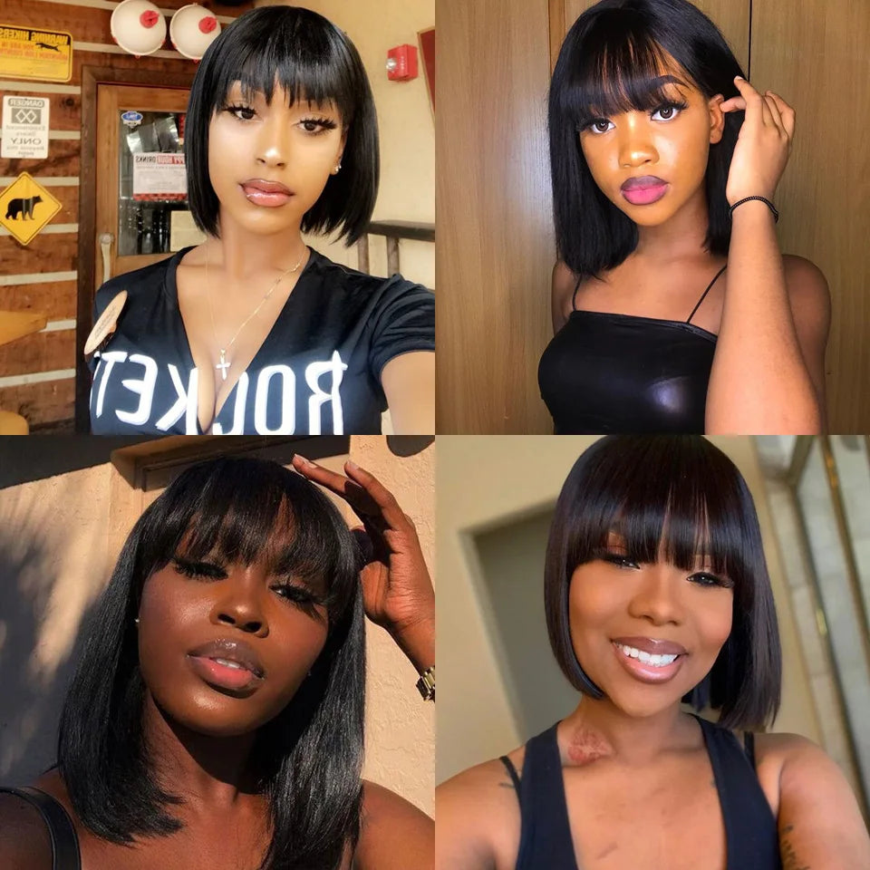 Short Straight Bob Wig With Bangs Short Brazilian Human Hair 200 density  No Lace - theultimatemarketshop