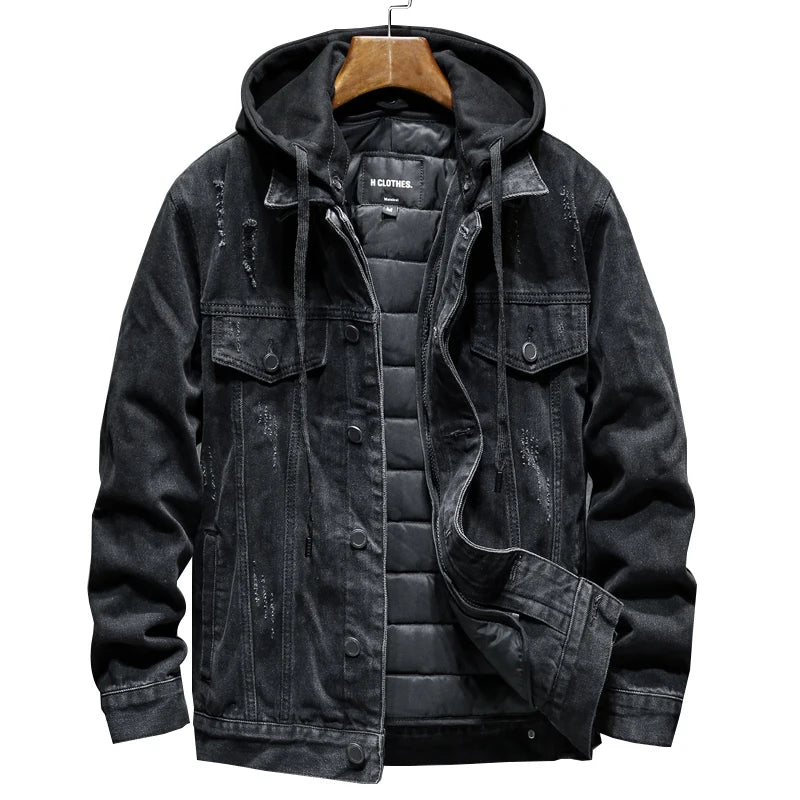 Men Thick Winter Cotton Lining Black Hooded Denim Jacket Outerwear - theultimatemarketshop