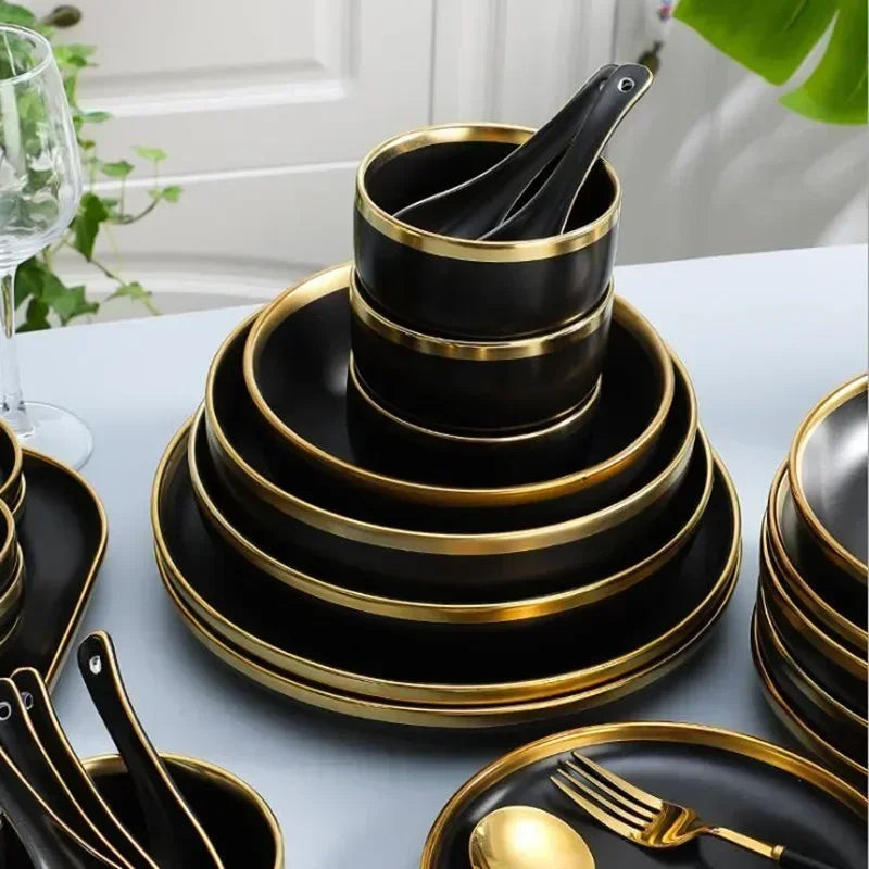 Nordic Ceramic Black Gold Rimmed Rice Bowl Bowl Soup Bowl Plate Plate Plate Spoon Creative Home Tableware Set