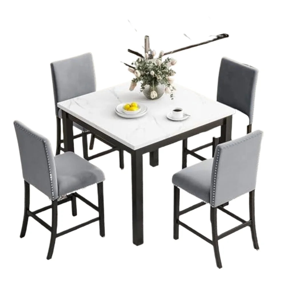 5-piece Counter Height Dining Table Set with One Faux Marble Top Dining Table and Four Velvet-Upholstered Chairs, Grey