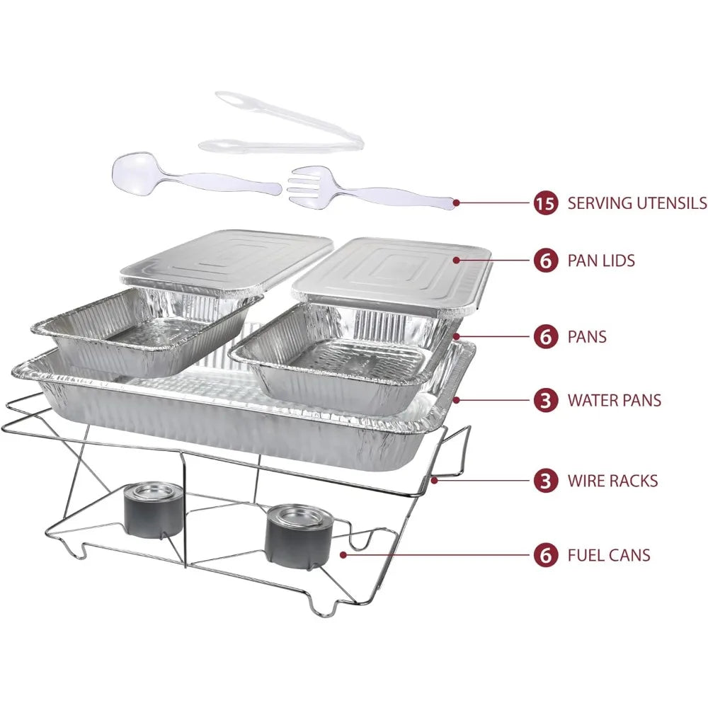 Full Size 39-Pcs Disposable Chafing Buffet Set with 6hr Fuel Cans, Covers, Serving Utensils - Premium Chafing Dish Set for Cater