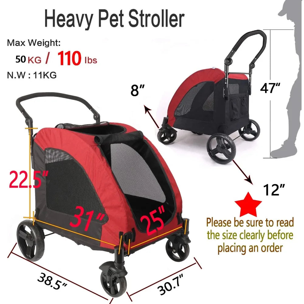 Pet Cart Ventilation Foldable Dog Cart 25 x 31  4 rubber wheels and adjustable handle zipper entrance