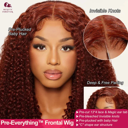 Lace Frontal Wig Curly Glue less Human Hair Wig Reddish Brown Transparent Lace Front Wig