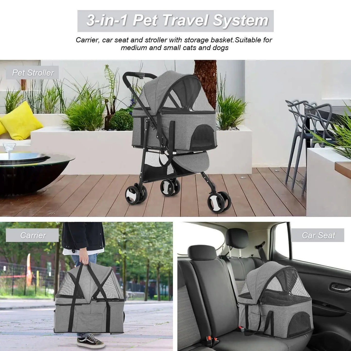 3 Wheels 3-in-1 Pet Stroller Dog Cat Folding Multifunction Travel Stroller Grey