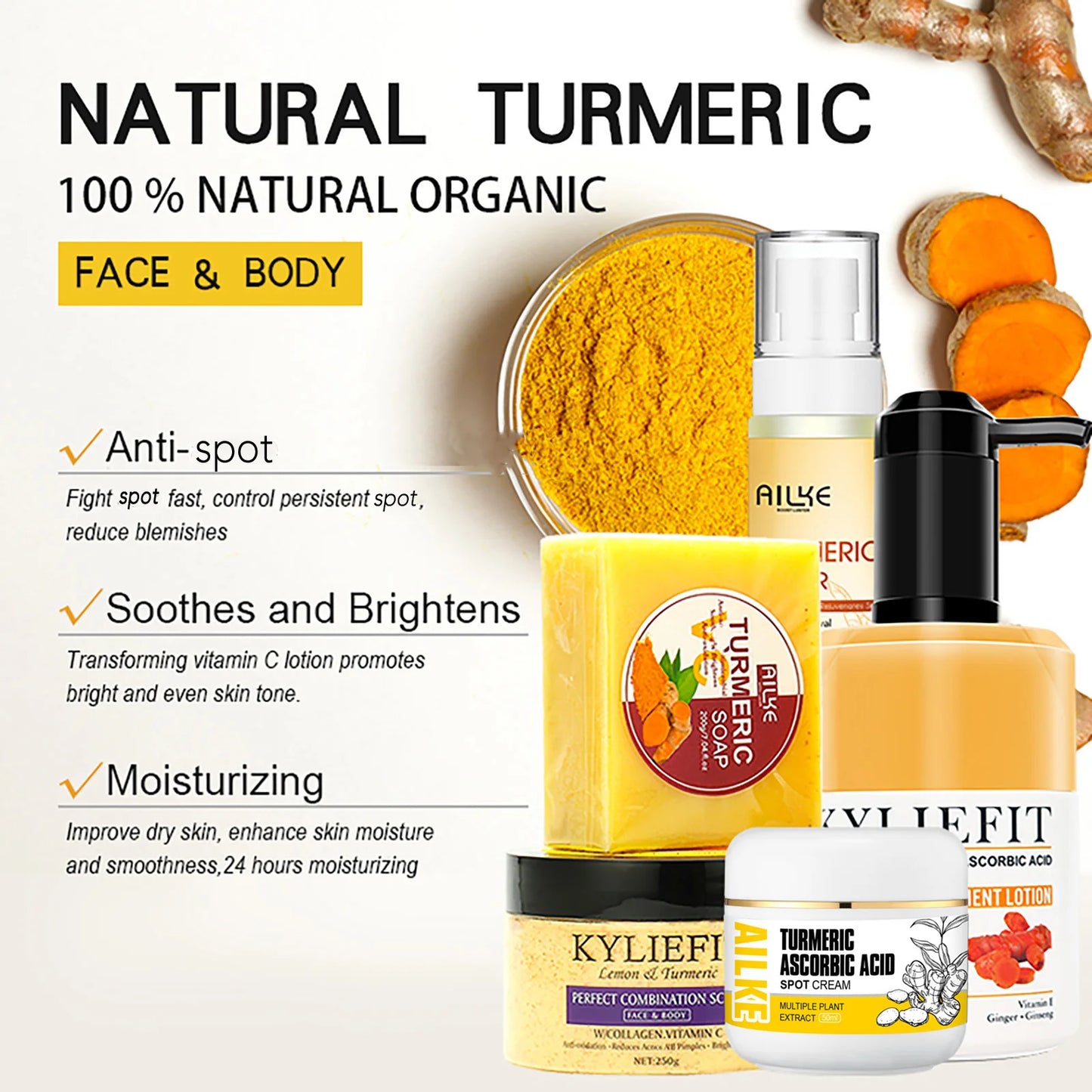 Organic Turmeric Skin Care Set, Brightens, Cleaning Skin, Exfoliation, Whiten Skin, Even Skin Tone, Improve Dry Skin