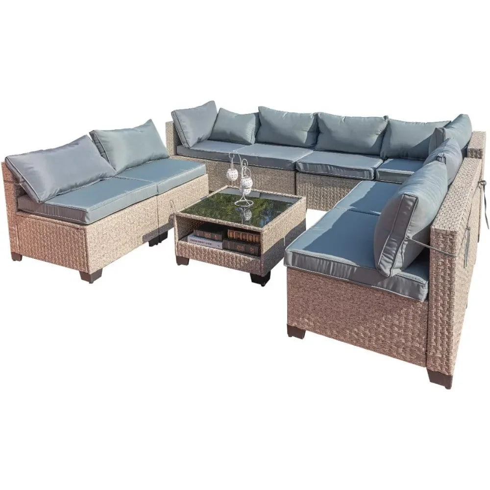 Garden Furniture 9 Pieces Set, Patio Furniture Set with Storage Table and Cushions, All-Weather Couch Sofa,