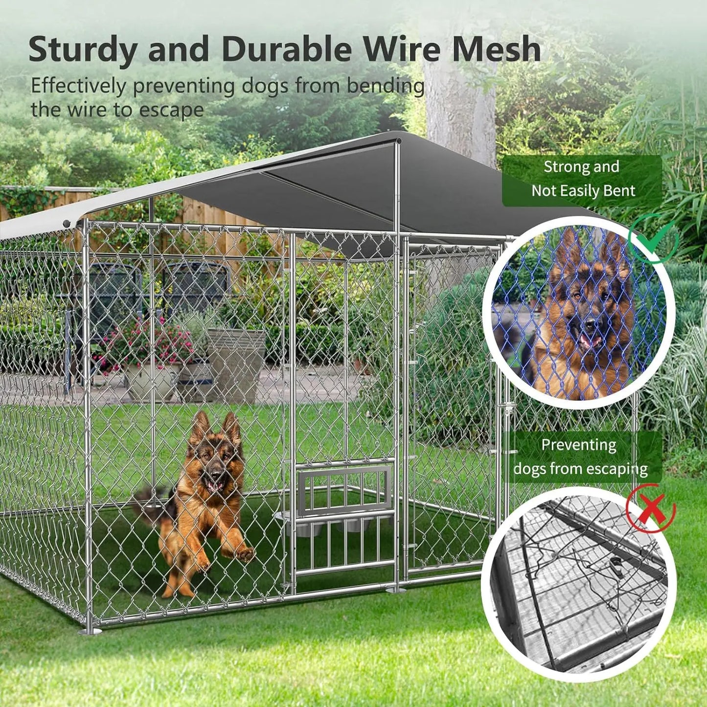 Dog Kennel Outdoor with Roof and Openable Feeding Doors, Large Dog House Pen Enclosure Heavy Duty Chain Link Dog Kennel - theultimatemarketshop