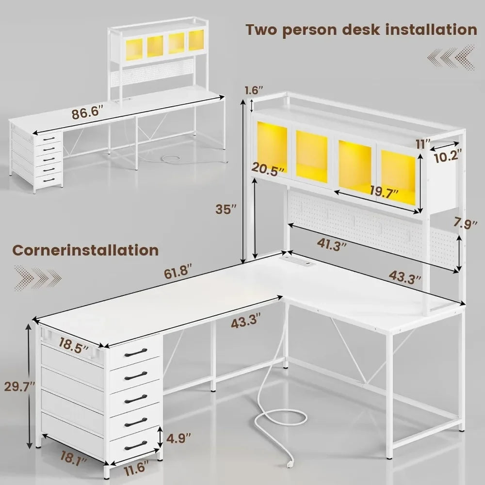 L-shaped Computer Desk with Storage Shelves, Pegboard, LED Lights, Sockets, Home Office Desk, Corner Table, Large Gaming Table