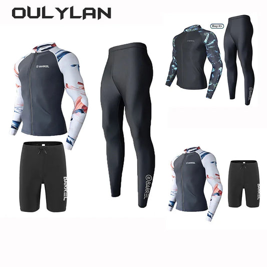 Men's 2-3 Piece Rash Guard with Boy Shorts Long Sleeve Zipper Swimsuit Bathing Suit Wetsuit Beachwear Tankini Tracksuit