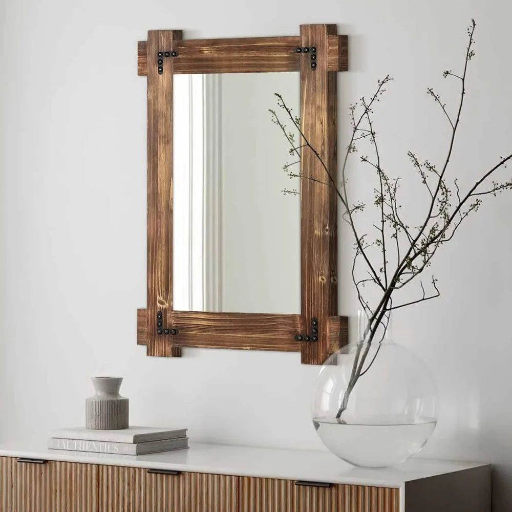 Wall Mounted Mirror, 36 x 24 Inches Wood Framed Bathroom Mirror for Decor,  Living Room, Rustic Wood