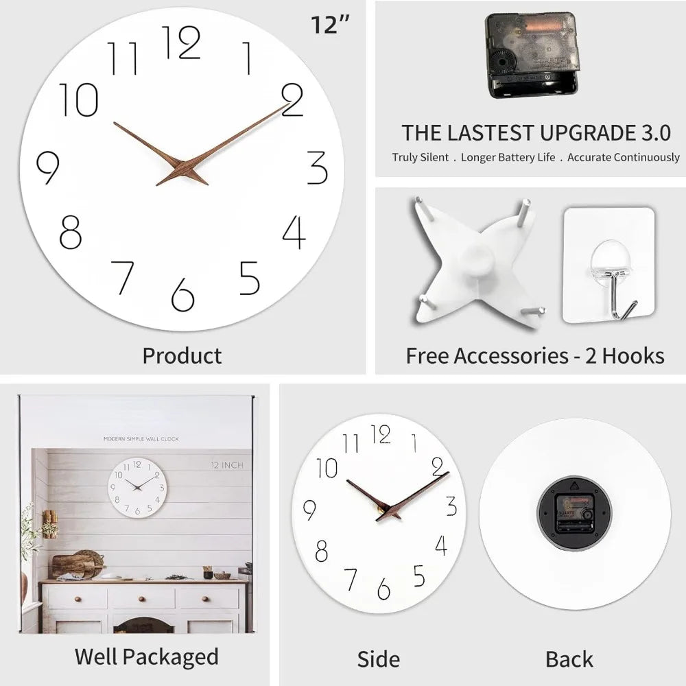 Wall Clock 12 Inch Silent Non Ticking Wood Wall Clock Battery Operated