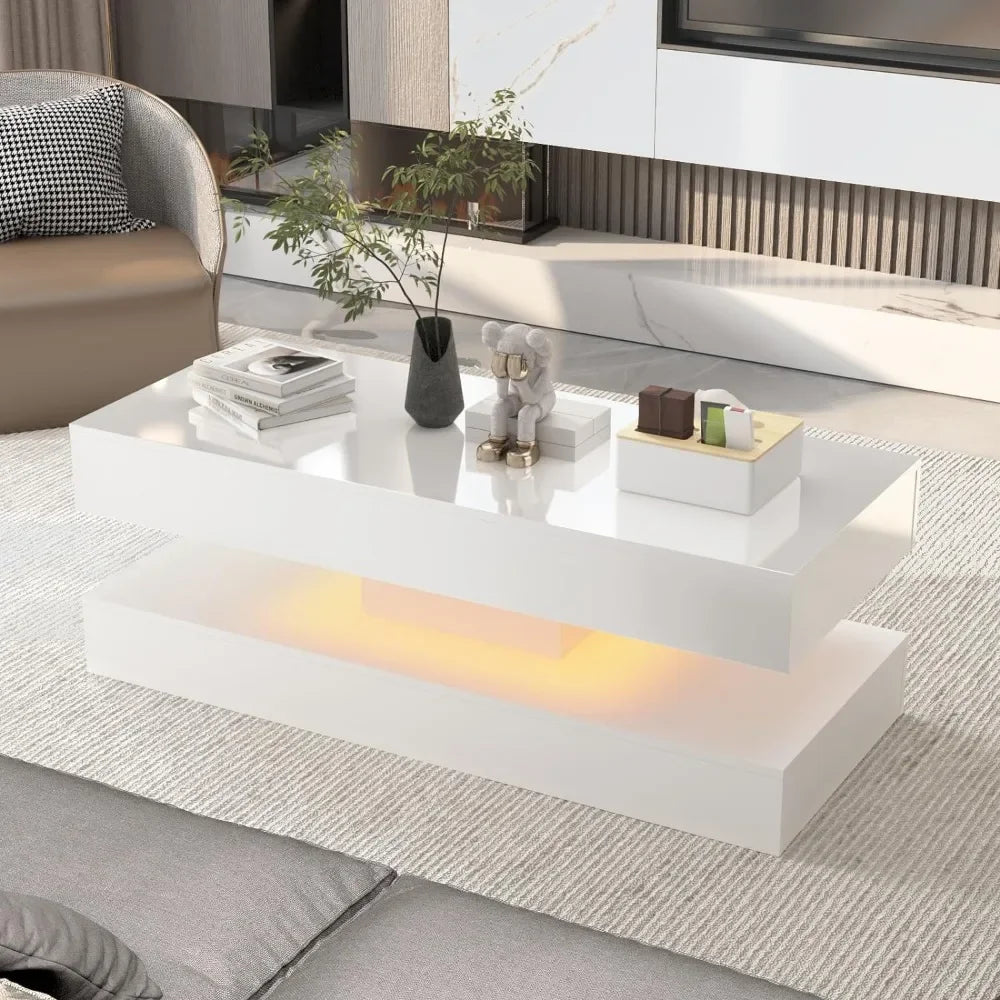 47.3IN High Glossy LED Coffee Table, LED Lights, Black/White, Modern Furniture for Living Room