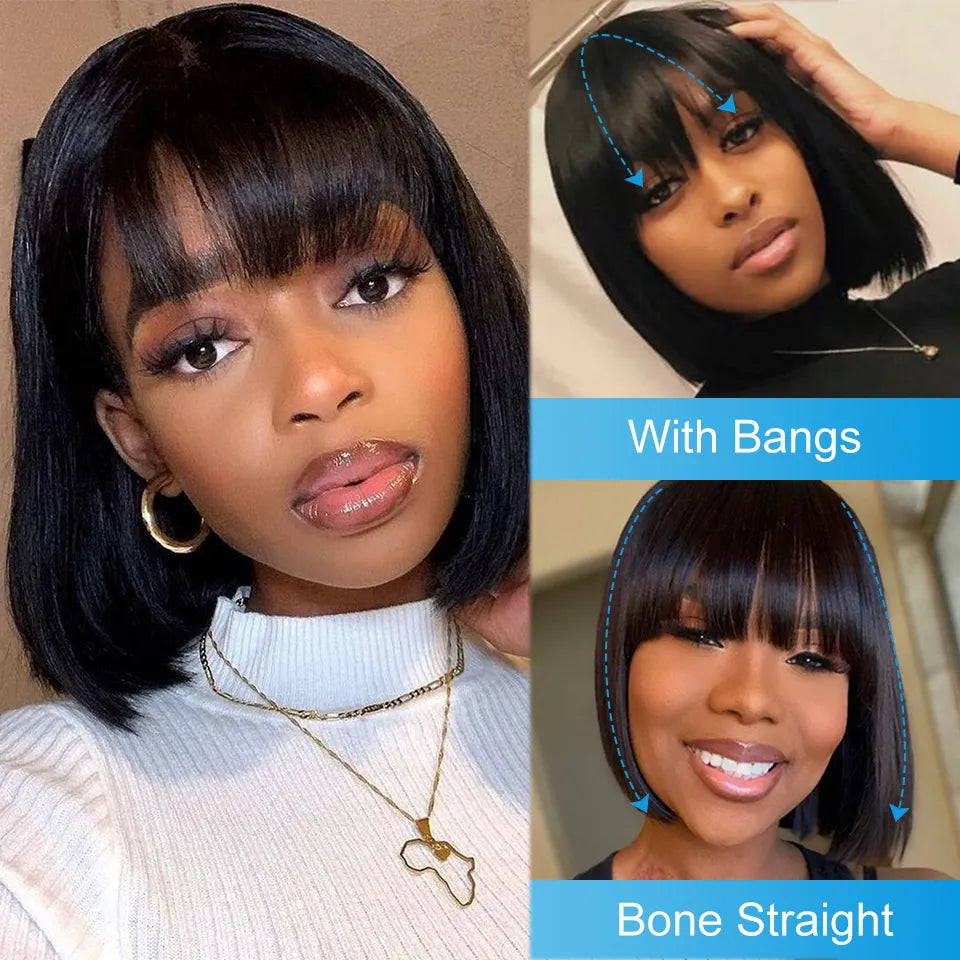 Brazilian Human Hair Wig with Bangs Remy Straight Hair Bob. 8-16 Inches Not Lace front Wig. - theultimatemarketshop