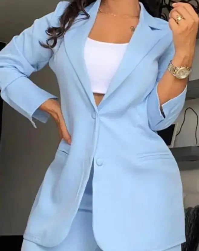 Autumn Fashion Collar Long Sleeve Blazer Coat & Elegant Pocket Design Pants 2PC Set - theultimatemarketshop