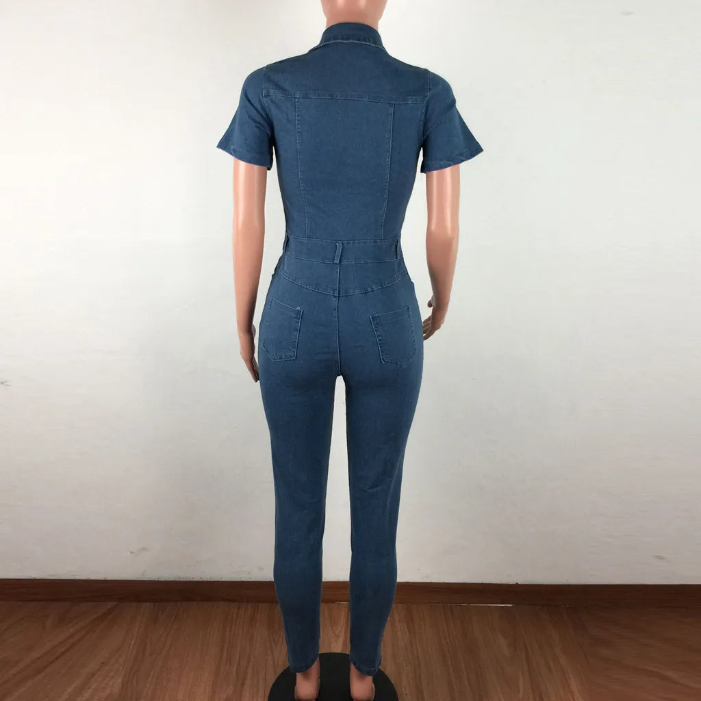 2023 Fashion Jeans Demin Jumpsuit Women Tight Fitting Short Sleeve Denim Romper Skinny Trouser Single Breasted Bodysuit