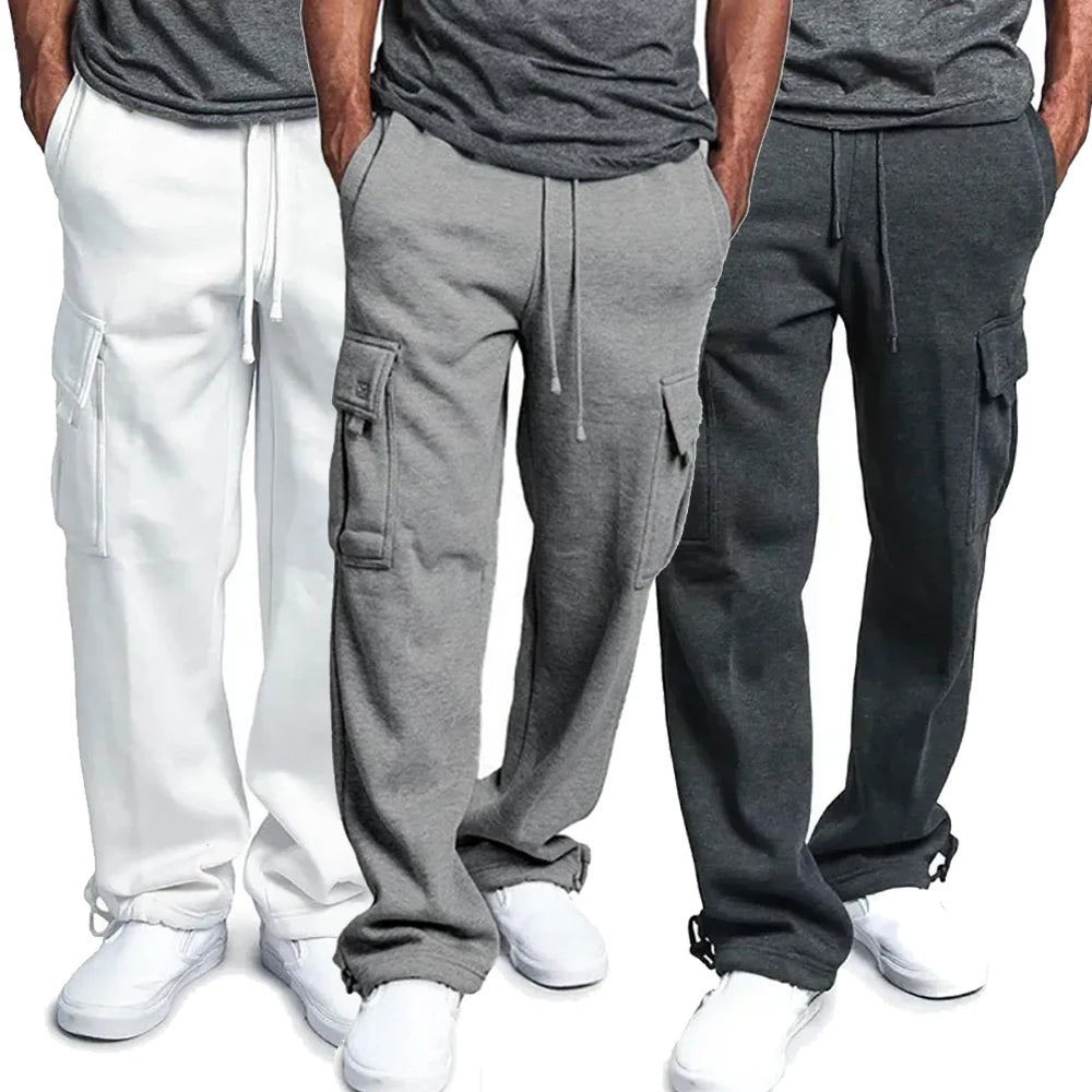 Men's Fleece Cargo Pants Loose Drawstring Sweatpants with Pockets Sports Straight Trousers - theultimatemarketshop