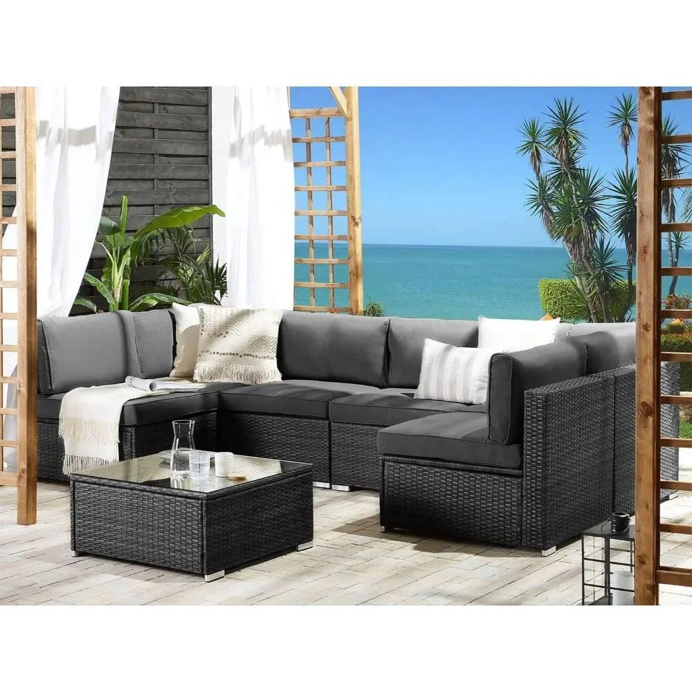 7Piece Outdoor Patio Furniture Sets, All-Weather Black Wicker Rattan Sectional Sofa, Modern Glass Coffee Table and Washable Seat