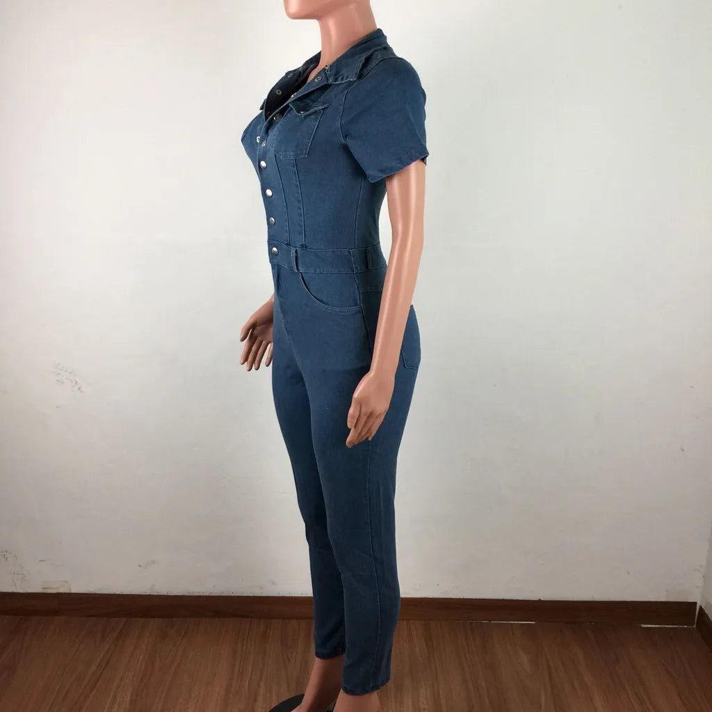 2023 Fashion Jeans Demin Jumpsuit Women Tight Fitting Short Sleeve Denim Romper Skinny Trouser Single Breasted Bodysuit