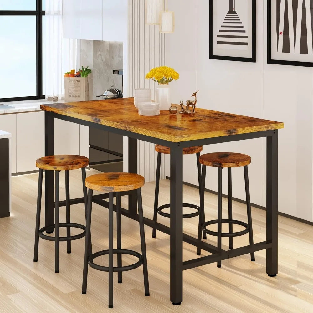 Height Table and Chairs Bar Table with 4 Stools Industrial Counter Height Dining Sets