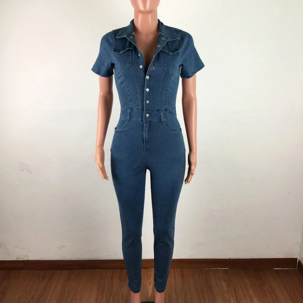 2023 Fashion Jeans Demin Jumpsuit Women Tight Fitting Short Sleeve Denim Romper Skinny Trouser Single Breasted Bodysuit