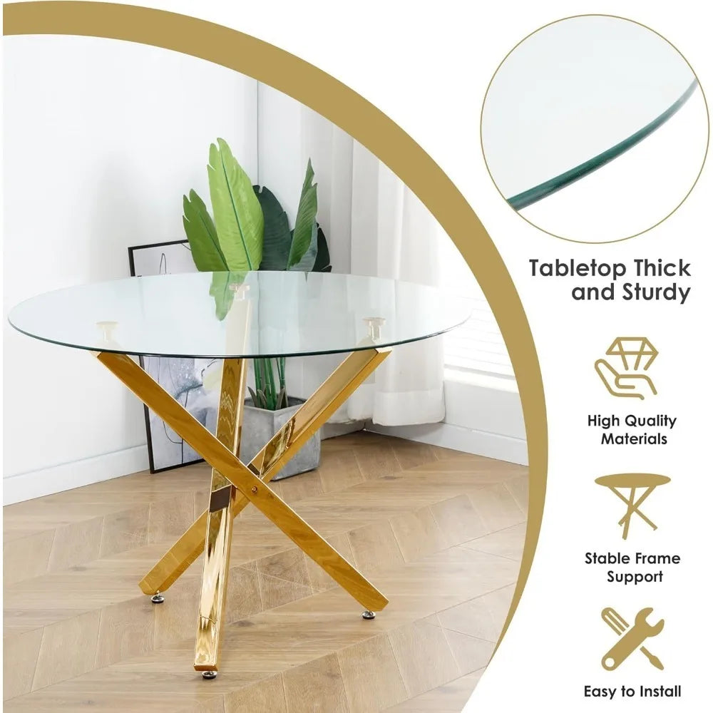 Modern Round Glass Dining Table Set for 4, 39'' Clear Circular Kitchen Table and Chairs Set,