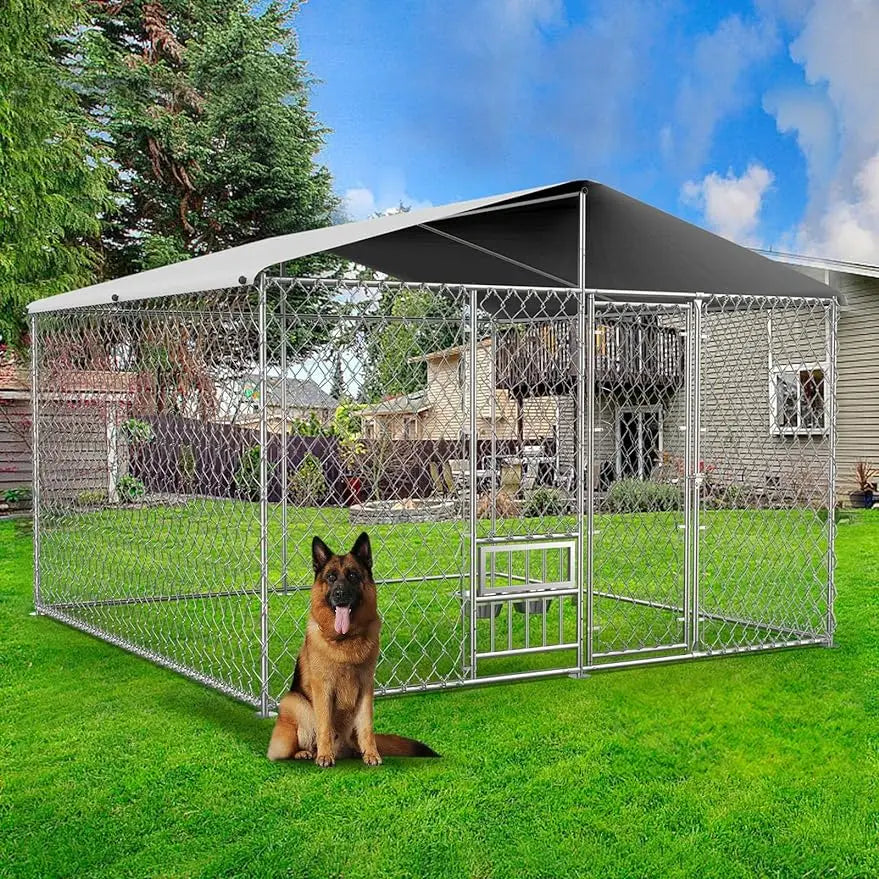 Dog Kennel Outdoor with Roof and Openable Feeding Doors, Large Dog House Pen Enclosure Heavy Duty Chain Link Dog Kennel - theultimatemarketshop